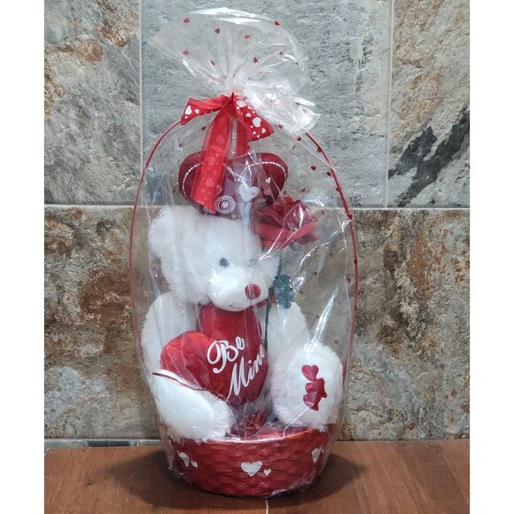 Valentines Day Gift Be Mine Bear Plush Love Heart in Gift Basket Stuffed Animal - Picture 7 of 16